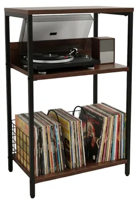 Obrázek produktu pro Stůl na gramofon Relaxdays, 3 police, přepážky, 65 x 40 x 30 cm, železo, MDF, police na gramofon, hnědá/černá
