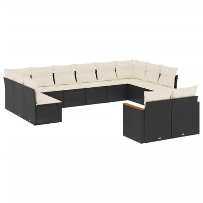 Produktbild von Modulares Garten-Sofaset, 12-teilig, mit Stauraum & wasserabweisendem Beutel, PE-Rattan Schwarz, Cremeweiße Kissen mit abnehmbarem Bezug, UV-beständig