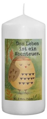 Produktbild von Mr. & Mrs. Panda Kerze Eule Federschmuck Design 15 x 7 cm - Weiß - Geschenk, Abenteuer, Dekoration, Wachskerze, Erinnerungskerze, Bedruckte, Stumpenkerze, mutig, Owl
