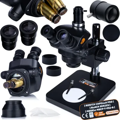 Immagine prodotto di Rosfix Capella Pro MSCP-T-PS1-B - Microscopio Stereo Trinoculare 7-45x | Zoom 0,7-5x | Ottica Greenough | Testa a 360° | Attacco C 25 mm |