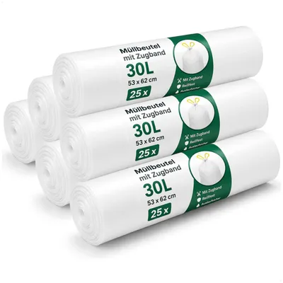 Zdjęcie produktu dla com-four® worki na śmieci 150x, pojemność 30 litrów, z zapięciem, odporne na rozrywanie, wodoszczelne