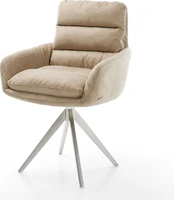 Produktbild von DELIFE Esszimmerstuhl Abelia-Flex mit Armlehnen Mikrofaser Beige Vintage Kreuzgestell kantig Edelstahl