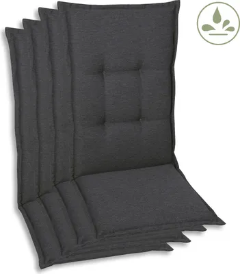 A stack of dark gray chair cushions.