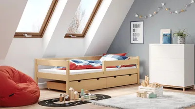 Produktbild von Meble Wróbel, Holzeinzelbett mit Rausfallschutz, Pawcio, Kiefernholz, 80 x 180 cm, Naturbelassen