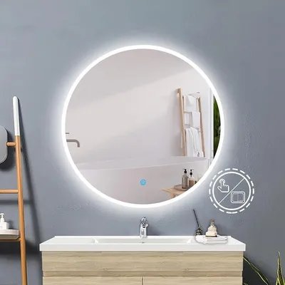 Obrázek produktu pro Kulaté zrcadlo do koupelny s osvětlením, průměr 100 cm, LED zrcadlo do koupelny s funkcí proti zamlžování, paměťovou funkcí, dotykovým ovládáním, 3 barvami světla, stmívatelné, s nastavitelnou intenzitou světla