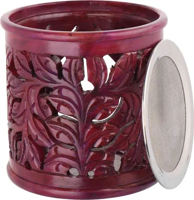 Produktbild von Räucherstövchen 10x10,4cm – rot, mit Räuchersieb & geschnitztem Blättermotiv