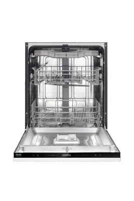 An open dishwasher with its interior racks visible, set against a white background.