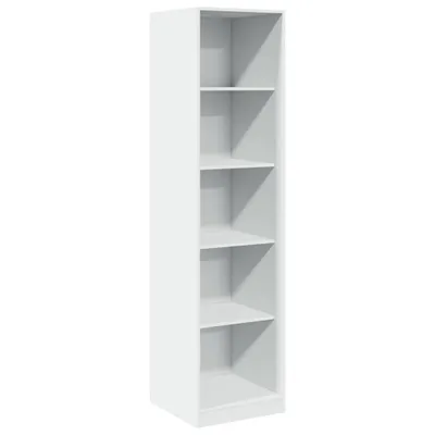A tall, narrow, white bookshelf with five shelves against a white background.