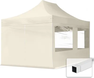 A cream-colored pop-up tent with clear windows, shown on a white background. A white square tube is inset in the bottom right corner.