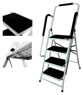 Produktbild von Trittleiter, Klapptritt, Stehleiter mit Handlauf, Leiter mit 4 Stufen Klappbar, Breite Stahl-Stufen mit Anti-Rutsch-Matten, Haushaltsleiter Tritthocker klappbar, bis 150kg belastbar, Klapptrittleiter