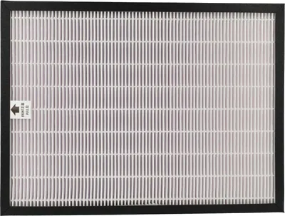 A flat lay of a white HEPA filter with a black frame against a white background.