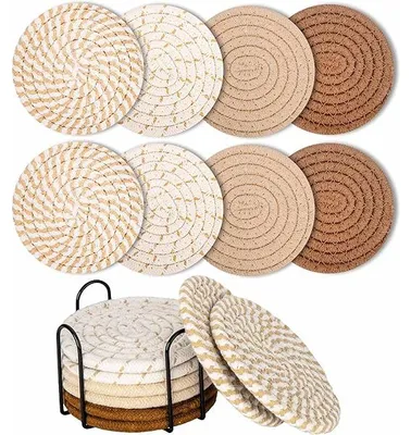 Produktbild von Glasuntersetzer 8 Stk, Rund Rutschfest, Geflochtene Baumwolle, Für Gläser Tassen Getränke Küche Wohnzimmer
