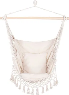 Produktbild von Hängesessel mit 2 Kissen Hängestuhl Hängeschaukel Hängekorb Hängematte - Creme