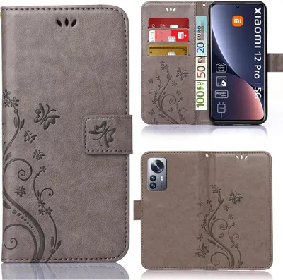 Produktbild von Handy Tasche für Xiaomi 12 Pro Schutz Hülle Handyhülle mit Blumenmuster Klapp Hülle mit Standfunktion und Kartenfächer Grau