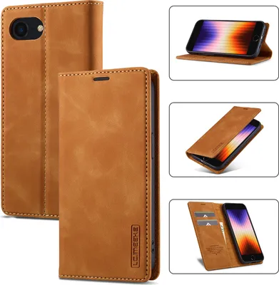 A collage of images showing a brown leather iPhone case from different angles and with the phone inserted.