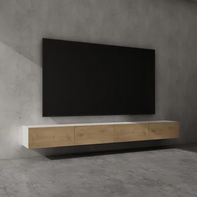 Immagine prodotto di doporro Mobile Porta TV Sospeso 280 cm con 4 Ante Bianco Opaco e Marrone Chiaro, Credenza Bassa da Soggiorno Salotto, Madia Consolle Bicolore per TV Fernsehschrank02