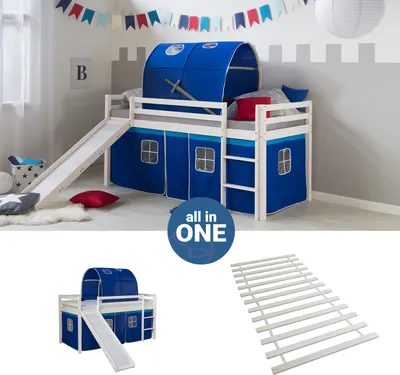 Produktbild von Homestyle4u Hochbett 90x200 mit Rutsche Lattenrost Vorhang Tunnel blau Kinderbett Weiß Holz Kiefer Massiv Jugendbett