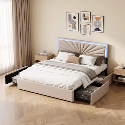 Produktbild von INONEFT Polsterbett 160x200 mit 4 Schubladen, Gepolstertes Doppelbett mit höhenverstellbarem Kopfteil, Bettgestell mit Lattenrost, Leinen, Beige
