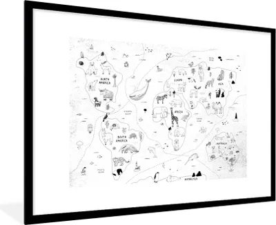 Produktbild von MuchoWow® MuchoWow® Gerahmtes Poster Weltkarte - Kinder - Weiß - Schwarz 90x60 cm - Poster mit zchwarzem Bilderrahmen - Wanddekoration - Fotos