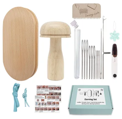 Image de Kit de réparation de tricots, ensemble d'outils pour la réparation de tricots, outil de réparation ovale en bois de hêtre, outil de réparation en forme de champignon, peigne en bois, aiguilles en acier inoxydable, aiguille à crochet, enfile-aiguille, élastiques, idéal pour la réparation de chaussettes, de vêtements et de pulls