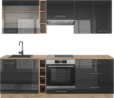 Produktbild von Küchenzeile Vicco Fame-Line Anthrazit Hochglanz/Goldkraft Eiche 235 cm ohne Arbeitsplatte, Model 38754