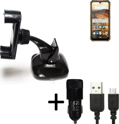 Produktbild von K-S-Trade Halterung kompatibel mit Cubot KingKong 5 Windschutzscheibe / Armaturenbrett + LADEGERÄT mit Mico USB Kabel Autohalterung KFZ Halter