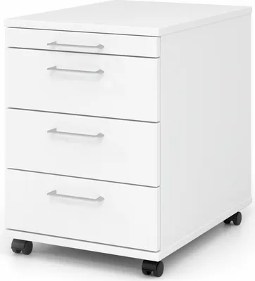 Produktbild von Rollcontainer Anssi | Weiß | HxBxT 59x42,8x58cm | Metallgriff | 4 Schübe | Mit Schloss & Zentralverriegelung