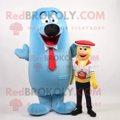 Obrázok produktu pre Maskot spoločnosti REDBROKOLY, postavička "Sky Blue Hot Dog", je oblečená vo veste a má zapichnutú šnúrku do kravaty