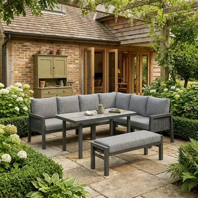 Immagine prodotto di Set da giardino Flieks da 8 posti, divano ad angolo con panca e tavolo da pranzo, set da salotto da giardino con intreccio in PE, set da giardino con divano, colore grigio