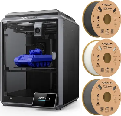 Produktbild von Creality K1 3D-Drucker, 600 mm/s Druckgeschwindigkeit+ 1KG Schwarz Hyper PLA-Filament+ 1KG Weiss Hyper PLA-Filament+ 1KG Grau Hyper PLA-Filament