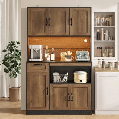 Productafbeelding van Merax keukenkast, hoge kast met 6 deuren en 1 lade, dressoir met RGB-LED-verlichting, stopcontact met USB-poort, verstelbare planken, MDF, zwart en naturel