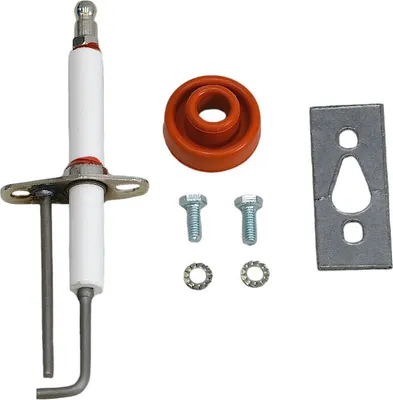 A collection of parts for a gas appliance, including an electrode, a rubber seal, bolts, washers, and a mounting bracket.