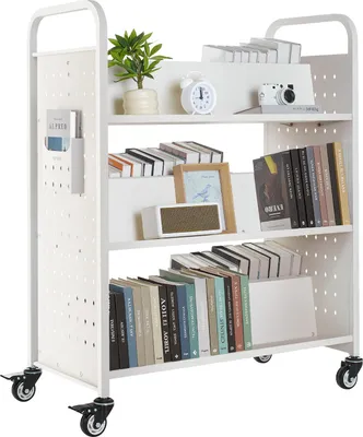 Produktbild von VEVOR Bücherwagen, 150kg Tragkraft, Bibliothekswagen, 97x51,5x122,5cm, Doppelseitiges W-förmiges Bücherregal mit Doppelbremsrollen, Bücherregalwagen für Wohnzimmer, Büro, Schule, Weiß