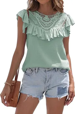 Produktbild von ASKSA Damen Spitze Bluse Tops Sommer Elegant Tunika Rüschen Rundhals Shirts Kurzarm Hemd, Grün, XL