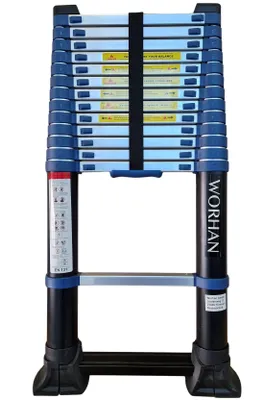 Imagen del producto de WORHAN: Escalera telescópica de 4,1 metros con estabilizadores retráctiles. Función integrada de espaciado. Escalera telescópica de aluminio. Escalera multifunción 1K4.1