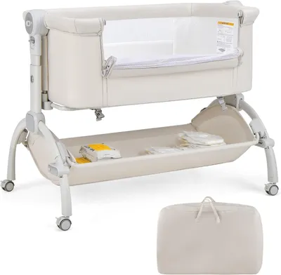 Produktbild von Beistellbett für Babys, 3-in-1-Babywiege mit Matratze, Tragetasche und Aufbewahrungskorb, 7-fach höhenverstellbares Babybett, neigbarer Stubenwagen für Neugeborene, bis 9 kg belastbar (Beige)