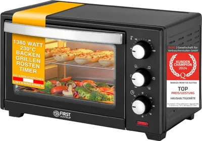 Image de TZS First Austria Mini-four I 1380W I Acier inoxydable I Double vitrage I Plage de température : jusqu'à 230 °C I Capacité 19l I Minuterie 60 min I 5,8kg I Noir *