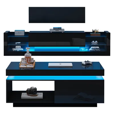 Produktbild von Abrihome TV-Wandschrank Couchtisch Set mit Schubladen und LED-Beleuchtung, Offene Fächer, Wohnzimmerset, Schwarz