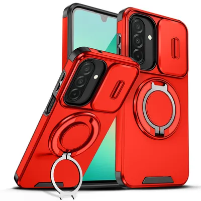 Obrázek produktu pro Dvouvrstvé pouzdro pro Samsung Galaxy A57, posuvným krytem fotoaparátu a magnetickým kroužkovým stojánkem Červený
