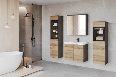 Image de Ensemble de meubles de salle de bain MINIO "MARIT II", comprenant un meuble-lavabo, sans éclairage LED – Finition Matera / Chêne Breslau