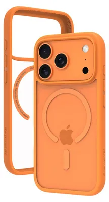 An orange iPhone case with a MagSafe ring and Apple logo is shown against a white background.