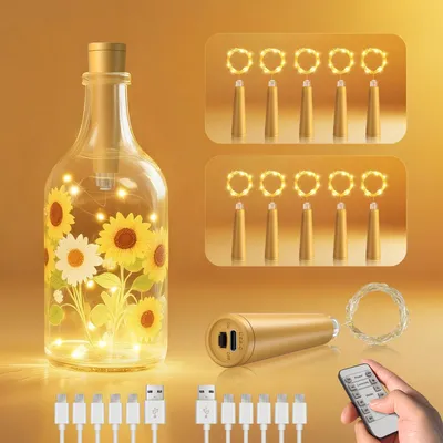 Lichterkette mit Korken, 10 Stück, 2 m, 20 LEDs, warmweiß, Timer, USB