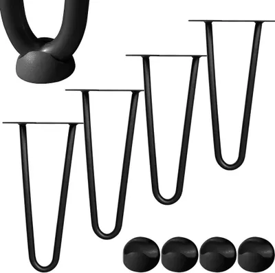 Produktbild von 4 Stück Tischbeine im Haarnadel-Design mit 25 cm Höhe und 2 Streben in Schwarz – Stahlmöbelfüße für Couchtisch, Esstisch und Schreibtisch