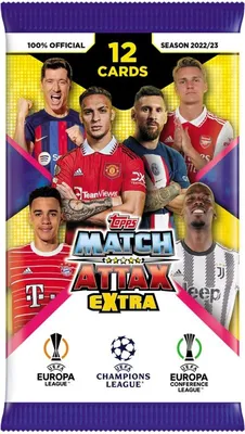 A display pack of Topps Match Attax Extra trading cards for the 2022/2023 season, featuring several prominent football players.
