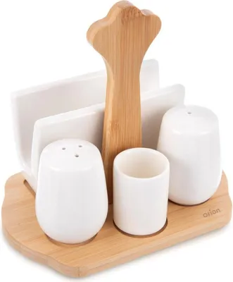 Obrázek produktu pro Orion | Slánka a pepřenka - Bílá - Porcelán - se stojánkem a držákem na ubrousky - WHITELINE