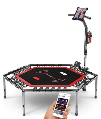 Produktbild von Messe-Neuheit 2020! Smart Fitness Trampolin, inkl. Pulsgurt, Sprungzähler & APP, klappbar, höhenverstellbarer Haltegriff mit Handy- & Flaschenhalterung, HTX100 Indoor Jumping Workout