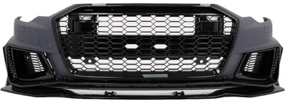 Productafbeelding van Voorbumper voor Audi A6 C8 4K vanaf 2018, met RS6-look, centrale grill in glanzend zwart.