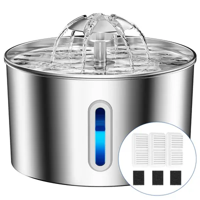 A stainless steel pet water fountain with water flowing from the top, and a small inset showing filters.