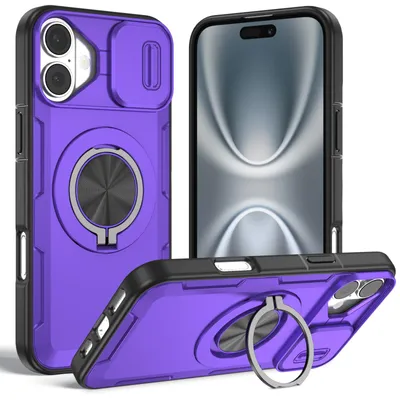 Produktbild von Magnetische Hülle für iPhone 16, Militär Stoßfest Handyhülle mit Kameraschutz und Ringhalter Ständer Lila