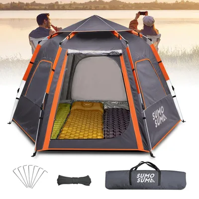 Produktbild von Sumosuma Campingzelt 3-4 Personen Kuppelzelt, Wasserdicht UV-Schutz, Pop Up Zelt Doppelschicht, Wurfzelt Sechseckiges mit Regenschutzbeutel, Schwarz